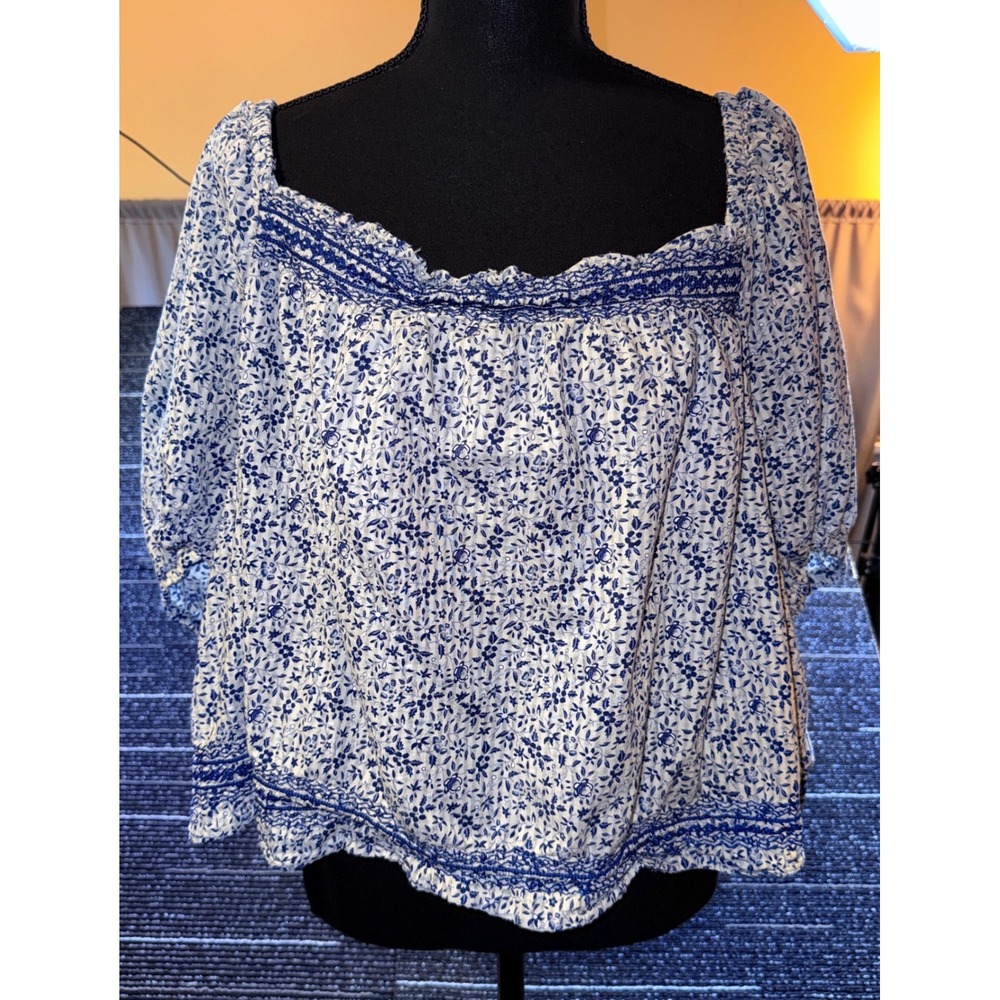Madewell Blouse Women 4X Excellent BlueWhite Floral Smocked Embroider Cotton Top